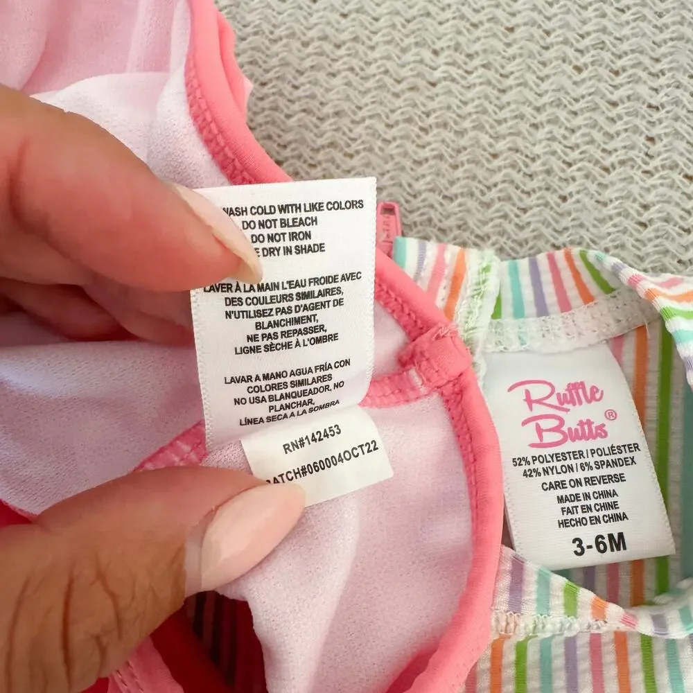 Ruffle Butts Pink Multicolor Striped Ruffle Trim Long Sleeve Rashguard Swimsuit
